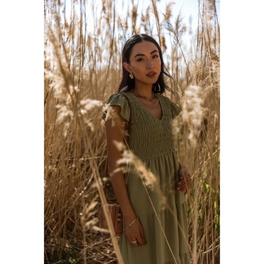 Lucky Brand | Sage Green Colony Smocked Flutter Sleeve Sundress